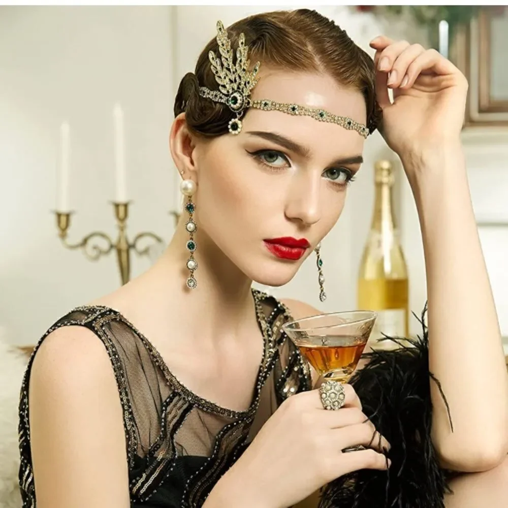 ✨ NWT Art Deco 1920’s Gatsby Flapper Crystal Rhinestone & Pearl, Gold Headband